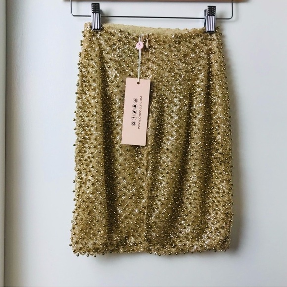 Oh Polly Dresses & Skirts - Oh Polly women’s Gold Beaded embellished mini party skirt short Size 0 New